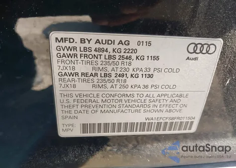 2015 Audi Q3 2.0T Premium Plus z USA, uszkodzony, nr VIN WA1EFCFS8FR011504